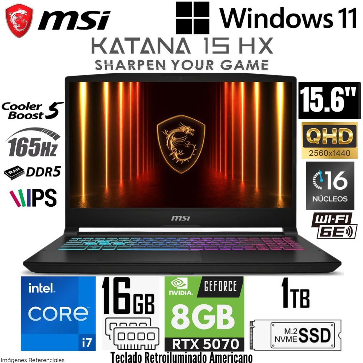Msi - Laptop MSI Katana 15 HX B14 Intel Core i7-14650HX 16GB RAM 1TB SSD RTX 5070-8GB 15.6"  QHD 165Hz