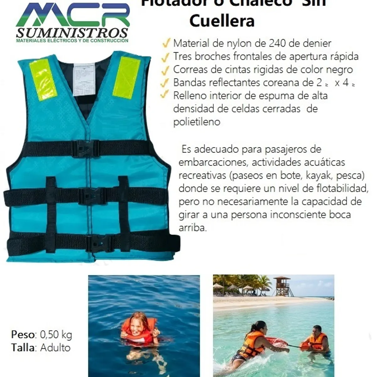 GENERICO - FLOTADOR O CHALECO SALVAVIDAS SIN CUELLO VERDE AGUA