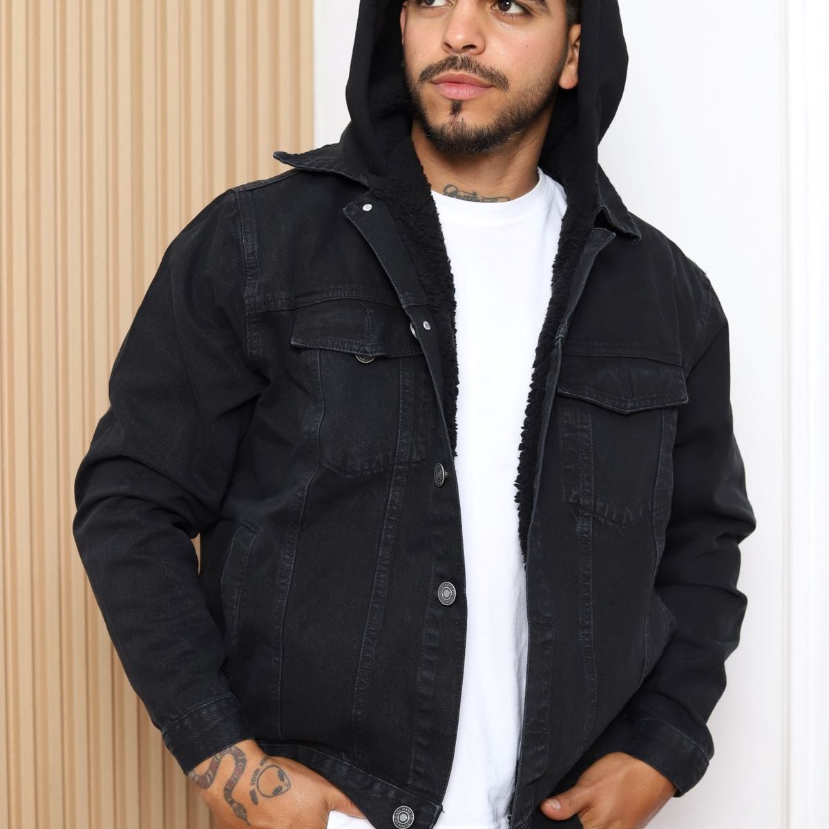 QH - Casaca Denim Forrada con Capucha de Peluche para Hombre