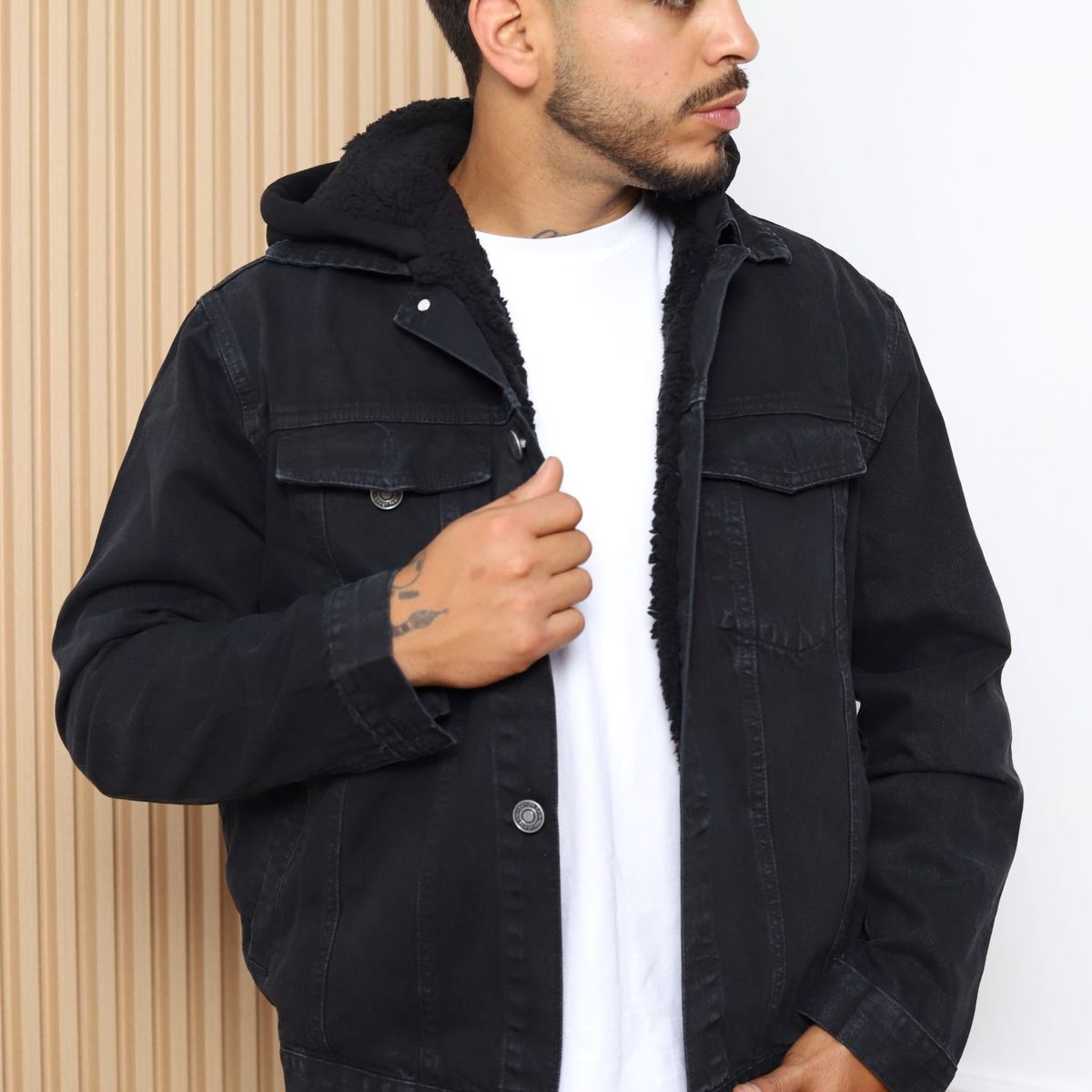 QH - Casaca Denim Forrada con Capucha de Peluche para Hombre