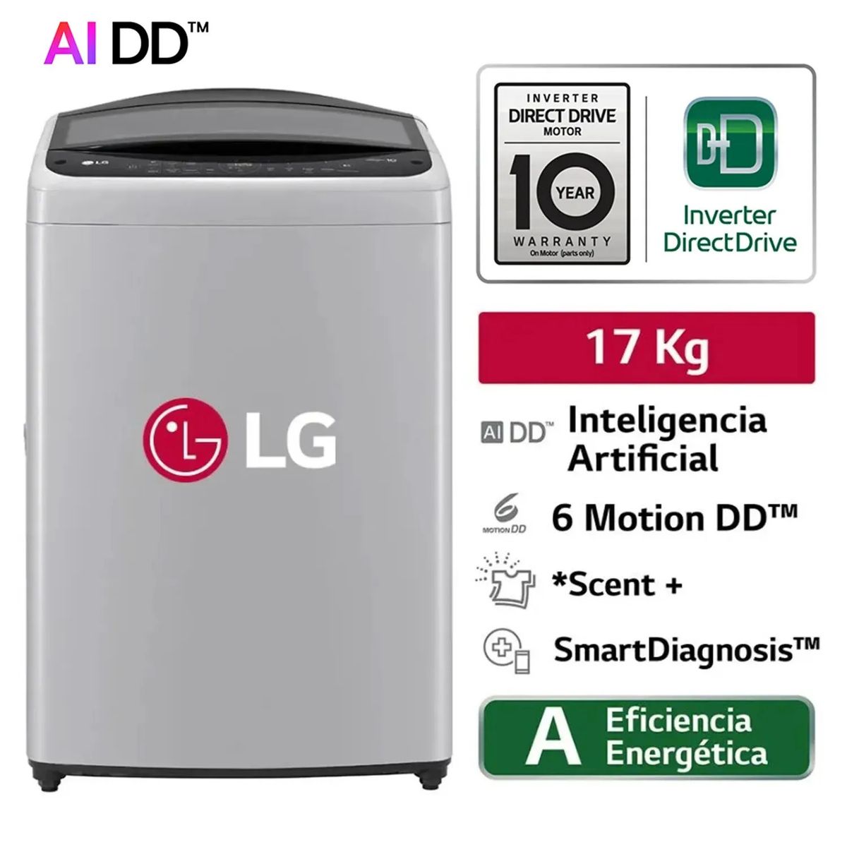LG - Lavadora LG 17 Kg Ai DD Carga Superior WT17DV6T Gris