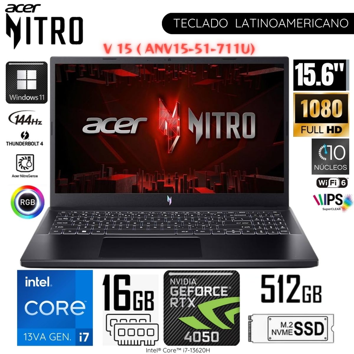 ACER - Laptop Gamer Acer Nitro V15 ANV15-51-711U Intel Corei7-13°Gen 15.6"  FHD 16GB RAM 512GB SSD RTX4050