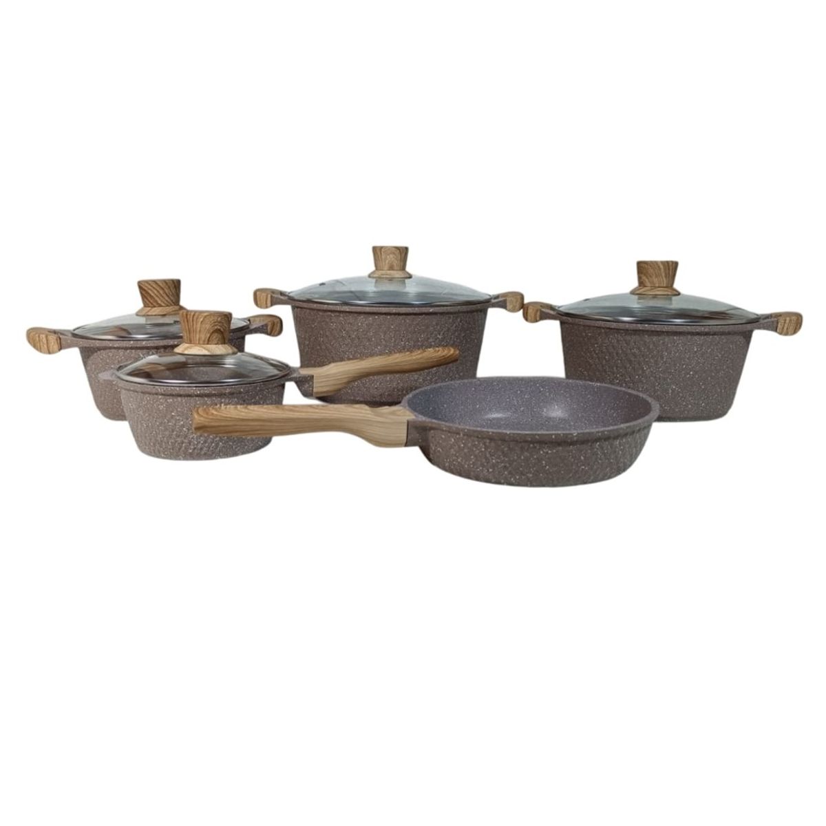 GENERICO - Set de Ollas 9 Piezas Granito Antiadherente Marrón - Ideal para Cocinas de Induccion