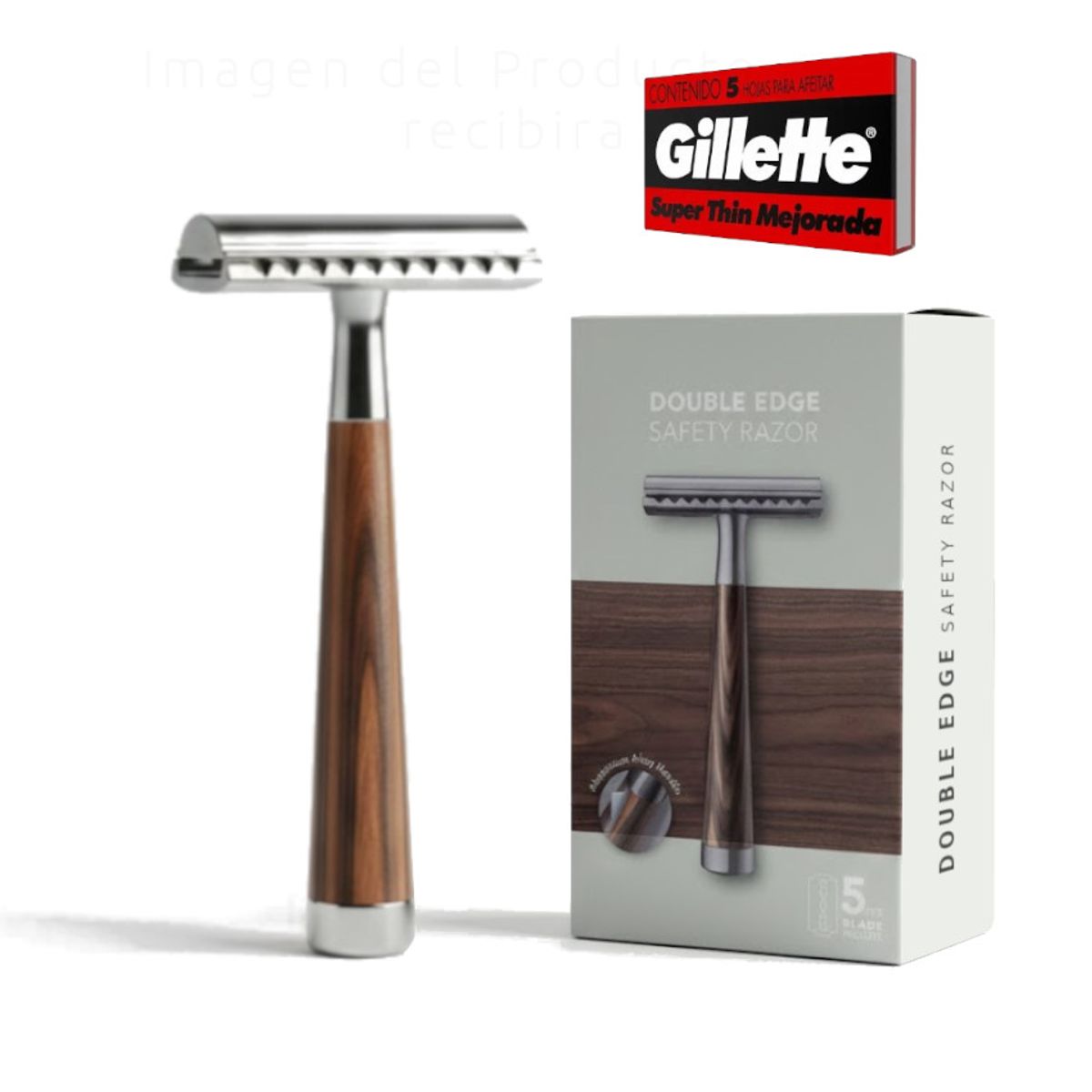GENERICO - Máquina Afeitar Rasuradora Afeitadora Clásica METAL mango MADERA +Hojillas Gillette Unisex