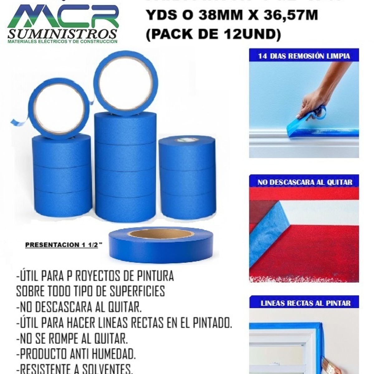 GENERICO - CINTA MASKING TAPE AZUL PARA PINTOR  1  1/2'' X 40 YDS O 38MM X 36,57M (PACK DE 12UND).