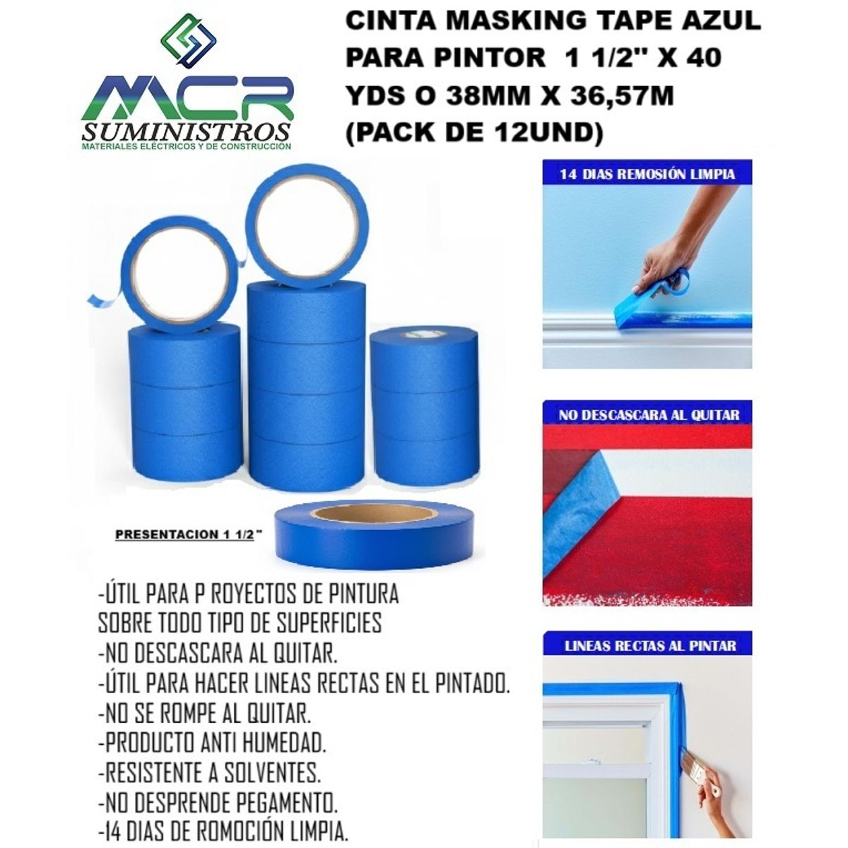 GENERICO - CINTA MASKING TAPE AZUL PARA PINTOR  1  1/2'' X 40 YDS O 38MM X 36,57M (PACK DE 12UND).
