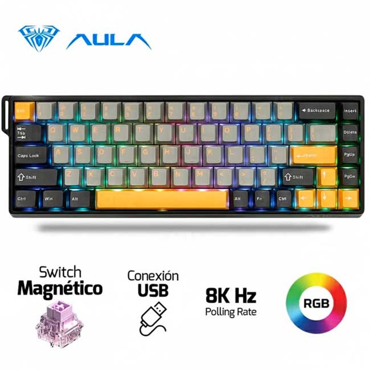 AULA - Teclado AULA WIN68HE MAX Magnético 65% Switch Wing Chun RGB 8000 Hz USB-C