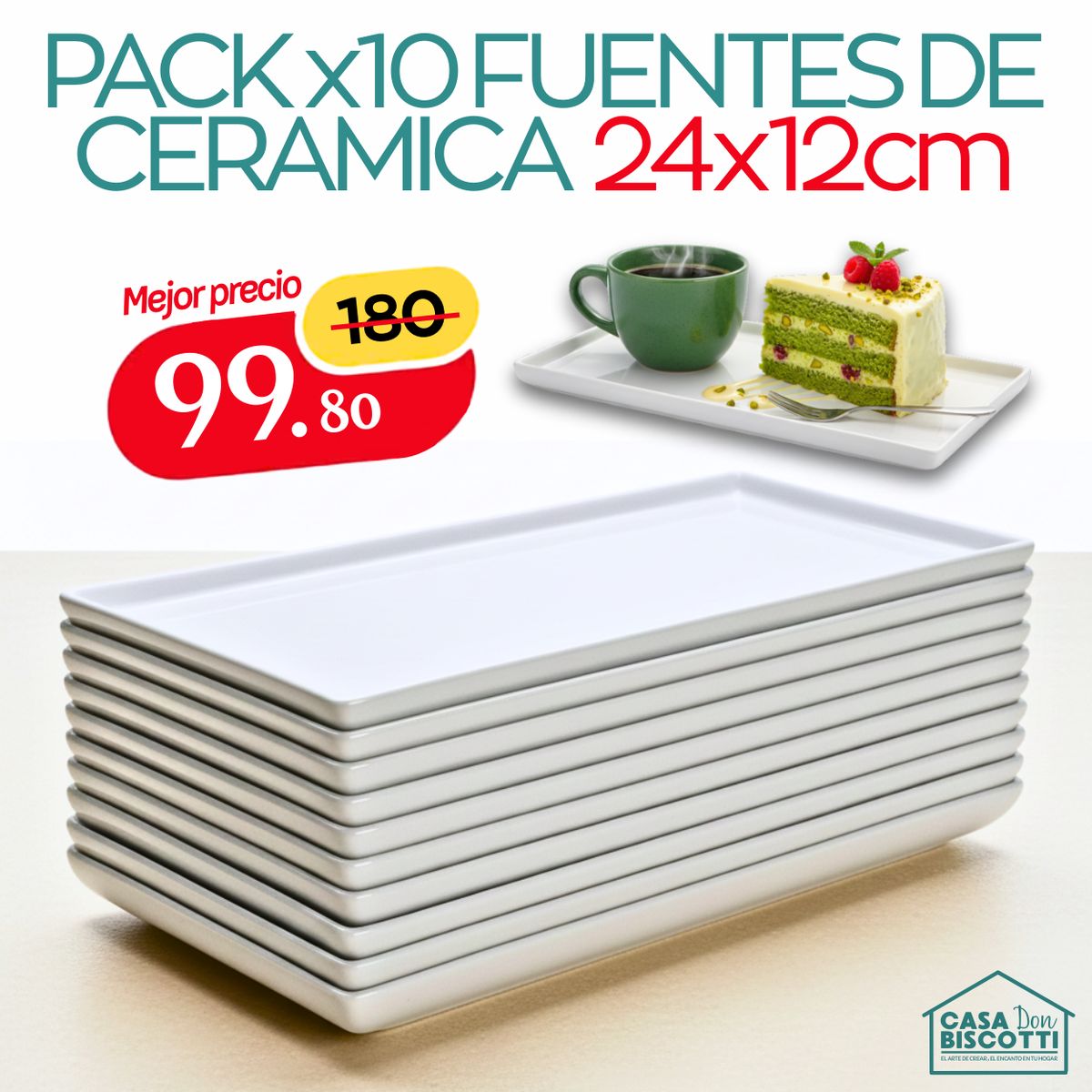GENERICO - Fuente de Cerámica Rectangular Blanco PACK x10 Azafates Fuentes - Bandeja Cerámica Blanca 24x12cm