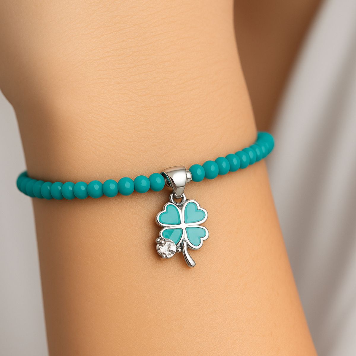 GENERICO - Pulsera Murano Turquesa con Dije Trébol de 4 Hojas Mujer Acero Inoxidable