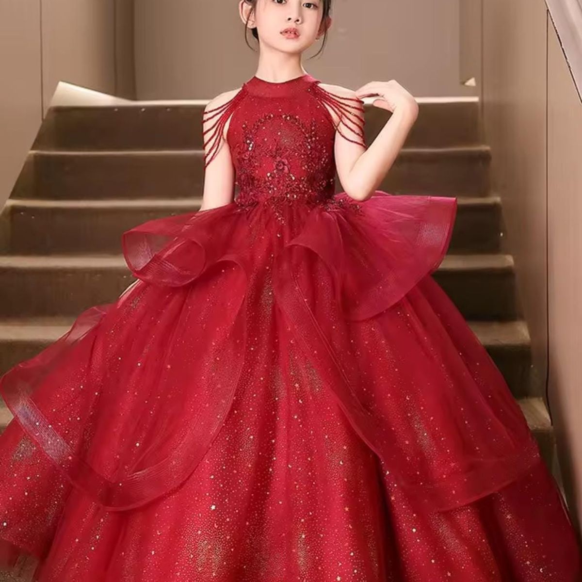 GENERICO - Vestido Niña Princesa Pedrería Rojo Vino Talla 10