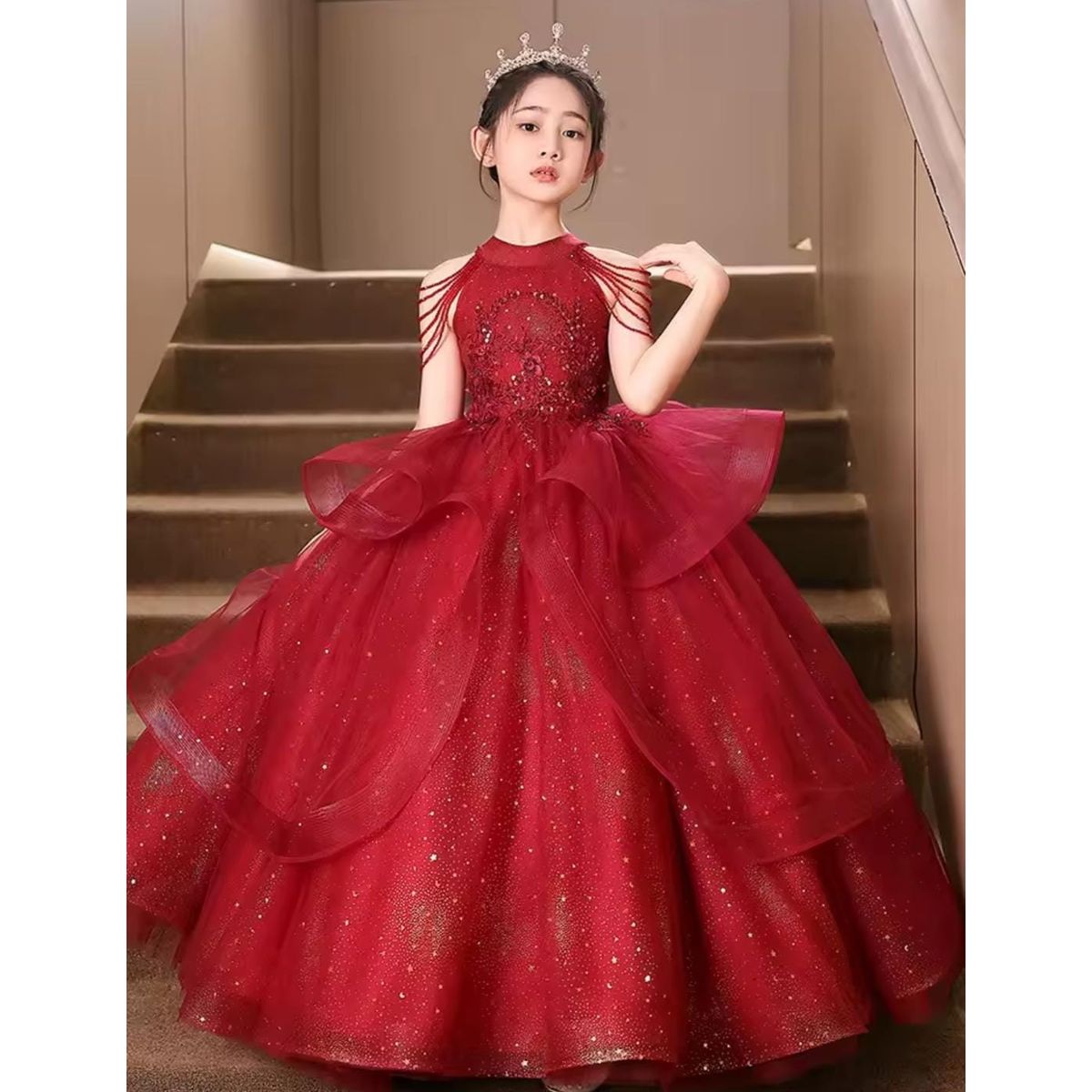 GENERICO - Vestido Niña Princesa Pedrería Rojo Vino Talla 10