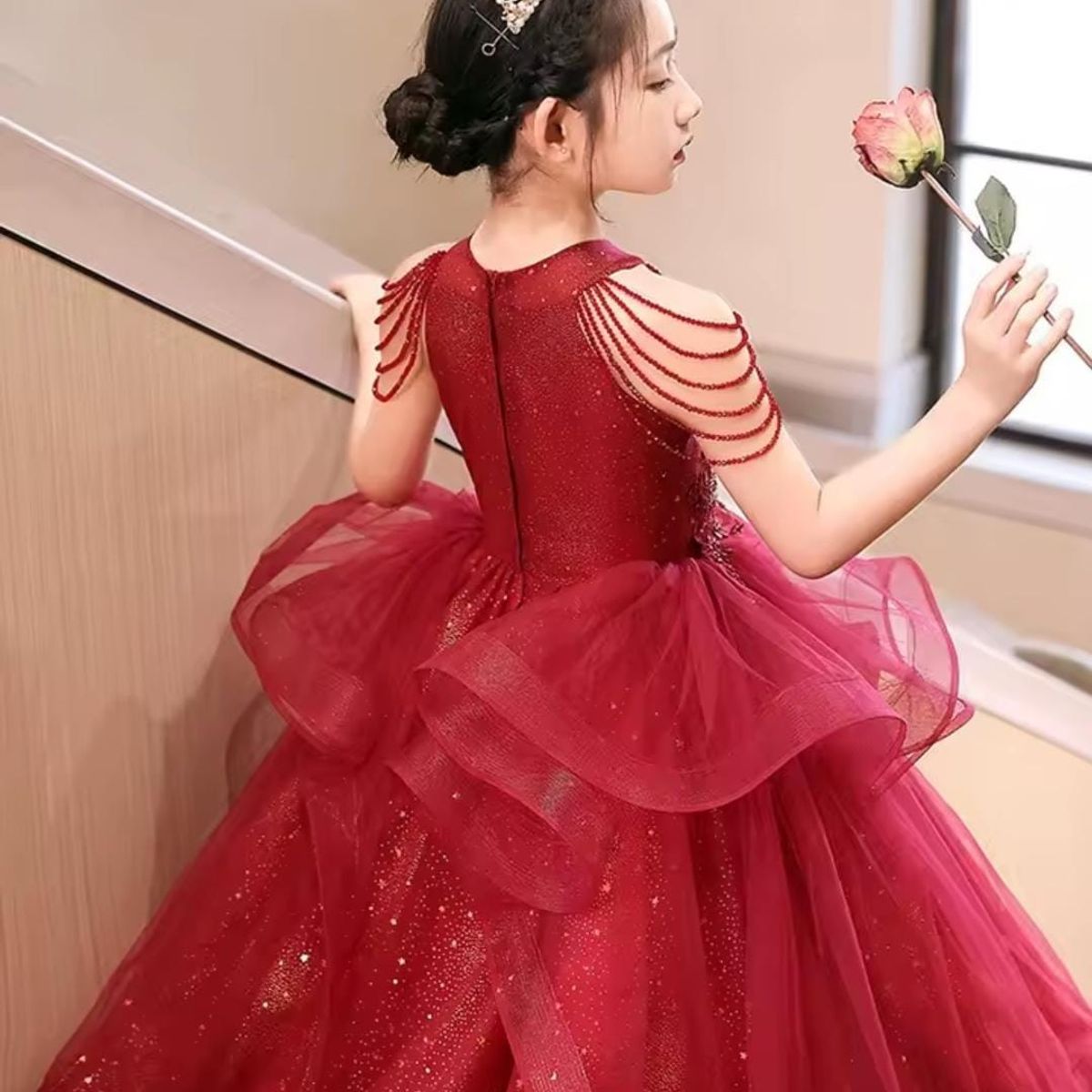 GENERICO - Vestido Niña Princesa Pedrería Rojo Vino Talla 10
