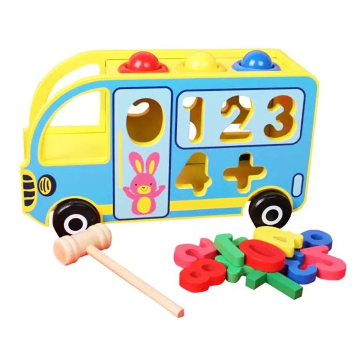 GENERICO - Bus Didáctico de Madera con Encaje Numérico Martillo y Juego de Arrastre