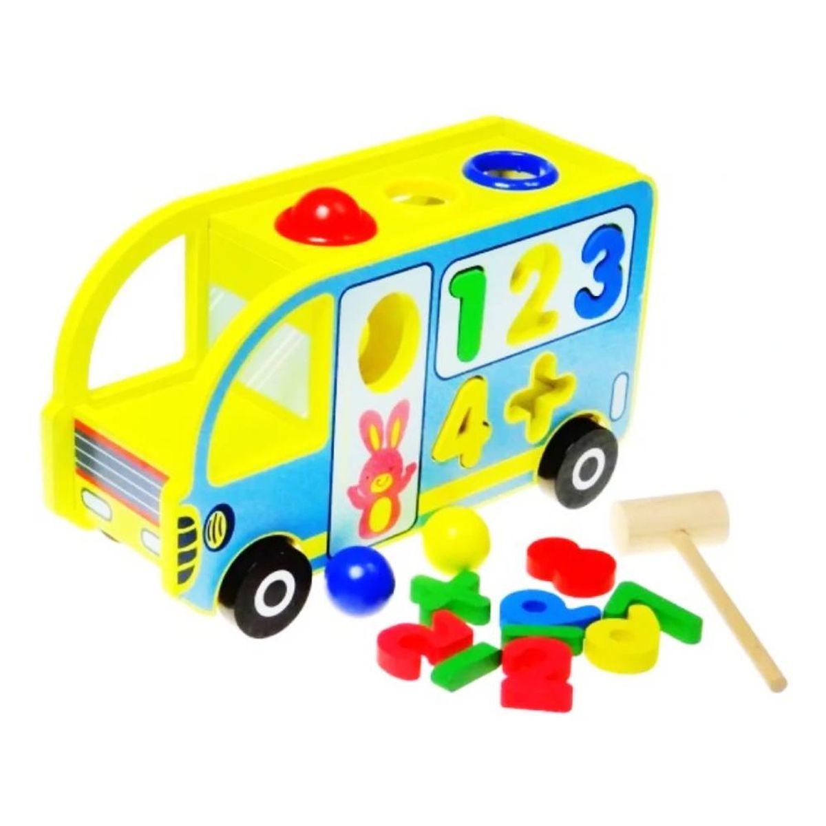 GENERICO - Bus Didáctico de Madera con Encaje Numérico Martillo y Juego de Arrastre