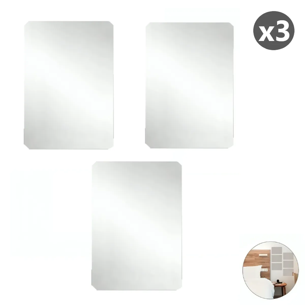 GENERICO - Pack x3 Espejos Adhesivo Rectangular Decorativo Sticker - 30cm x 20cm