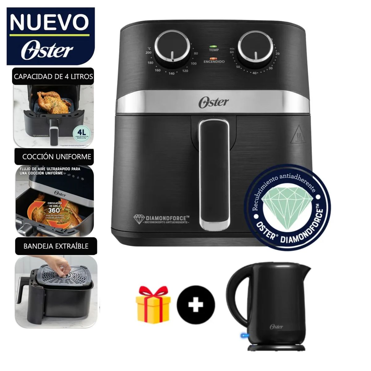 OSTER - Freidora De Aire Oster 4L Manual Con Revestimiento Antiadherente + Hervidor