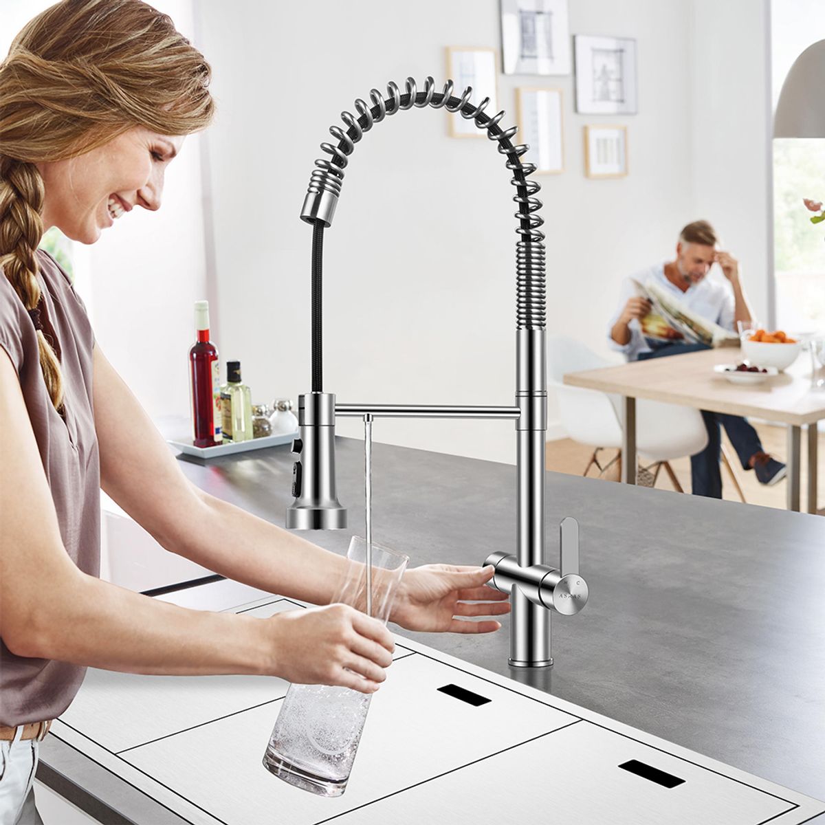 HIGRILL - Grifería Alta Multifuncional De Lujo con Dispensador de Agua Filtrada y Resorte - Acero Inox. 304