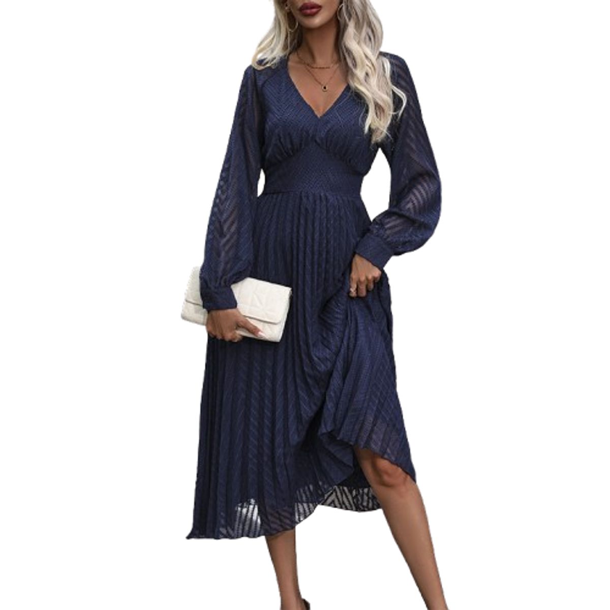 GENERICO - Vestido Azul Marino Cuello en V - Vestido Filomena