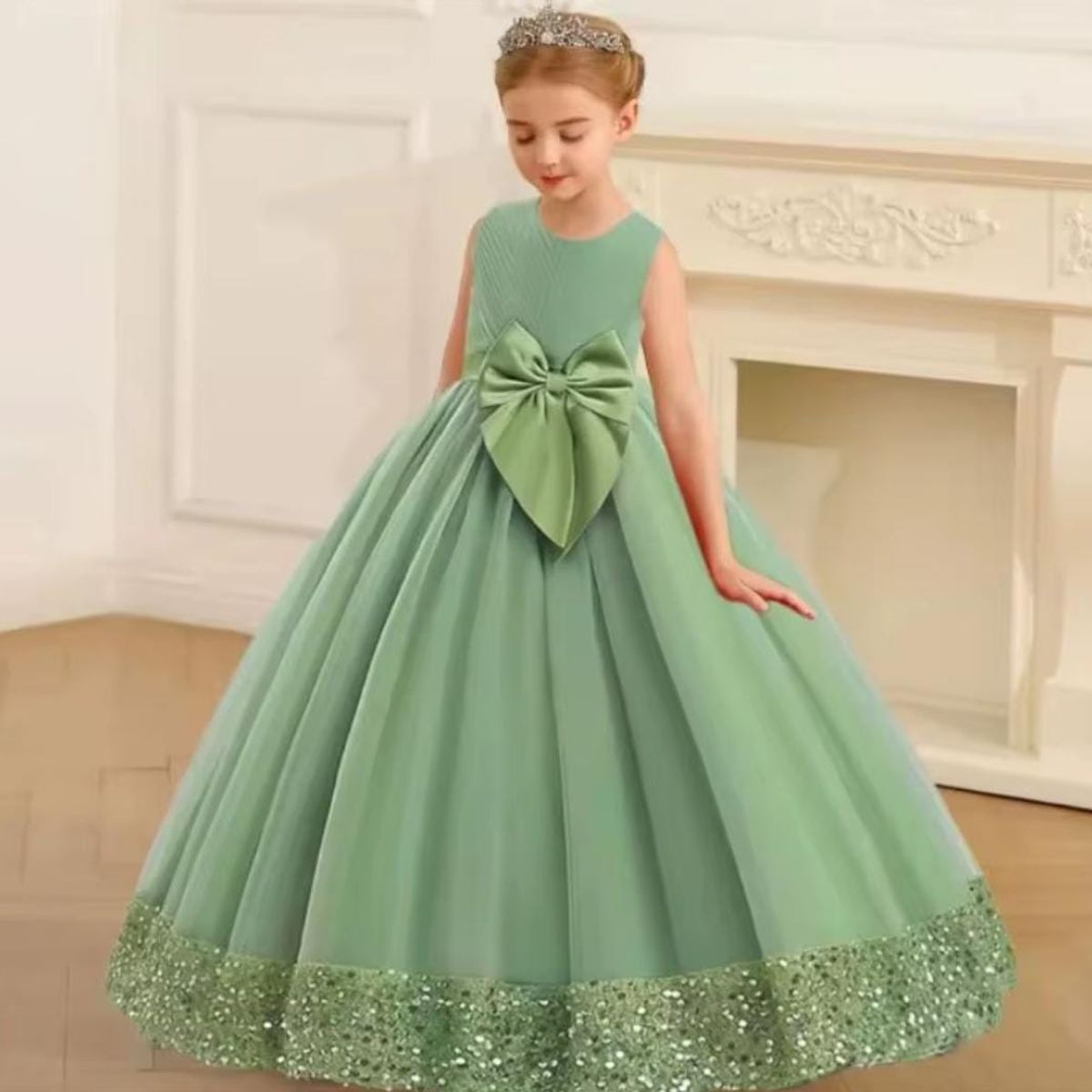 GENERICO - Vestido Niña Princesa Brillantes Verde Olivo Talla 10