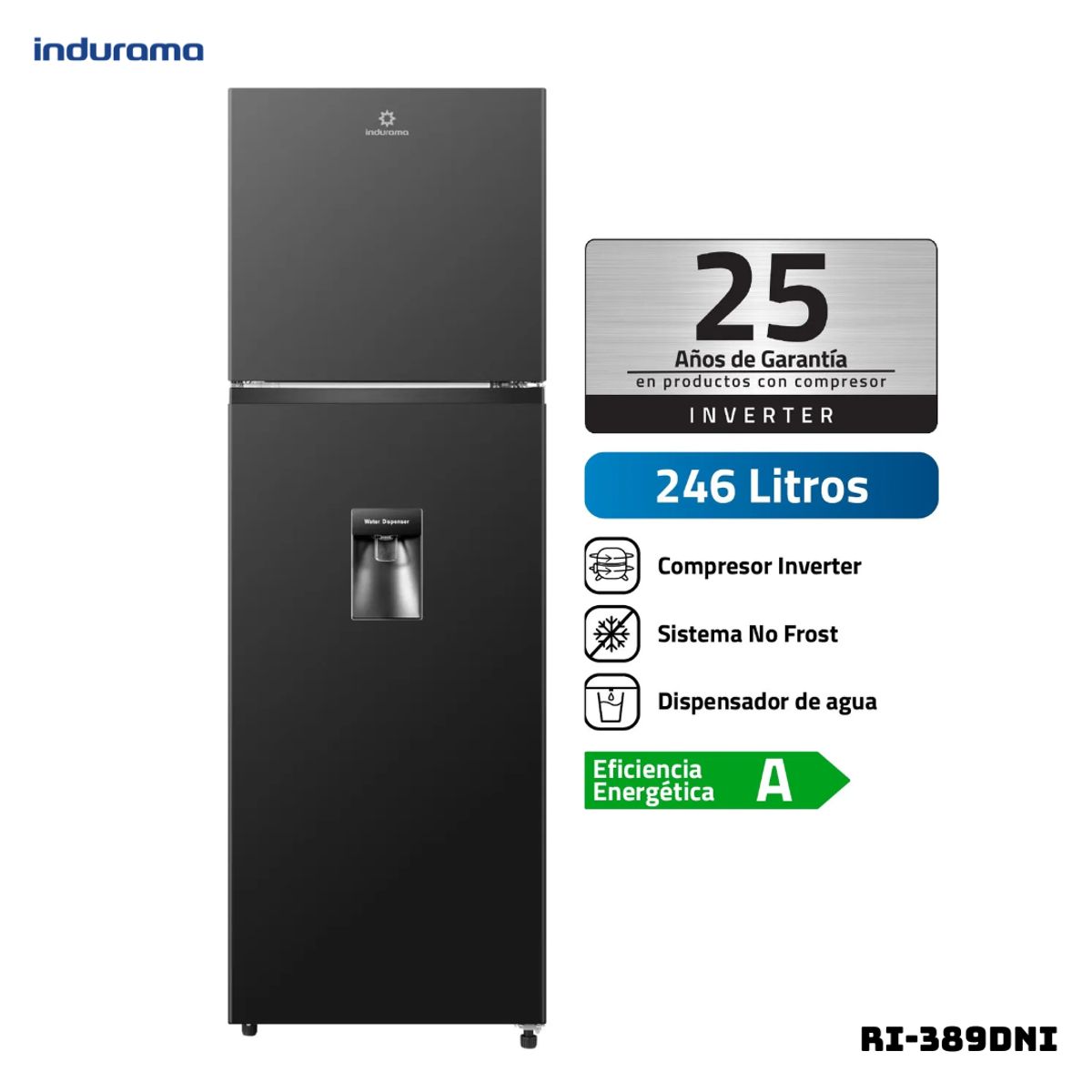 INDURAMA - REFRIGERADORA INDURAMA 246 L TOP FREEZER NEGRO - RI-389DNI