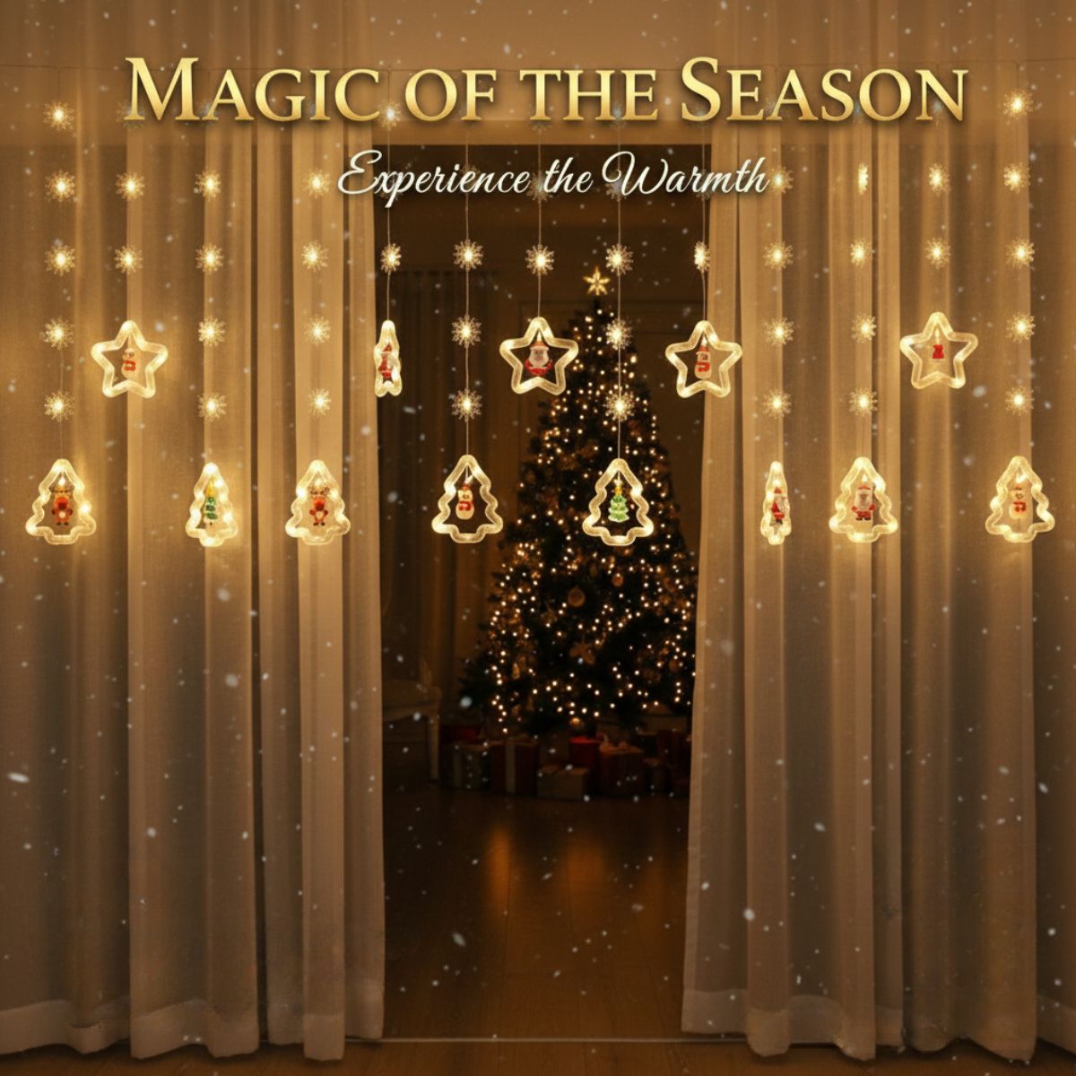 GENERICO - Cortina de Luces Navideñas con Estrellas y Árboles 3D