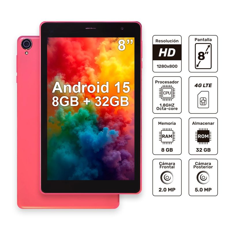 TABLET COLOR ROSADO 32GB DE ALMACENAMIENTO 8GB DE RAM 4G LTE CALLING ...