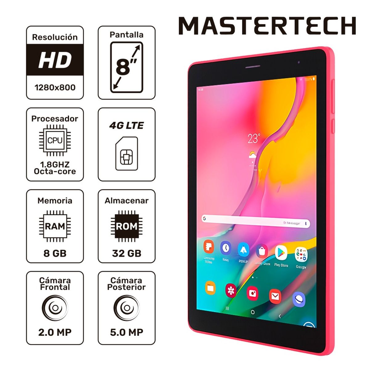 MASTERTECH - TABLET COLOR ROSADO 32GB DE ALMACENAMIENTO 8GB DE RAM 4G LTE CALLING MODELO M2M-3T