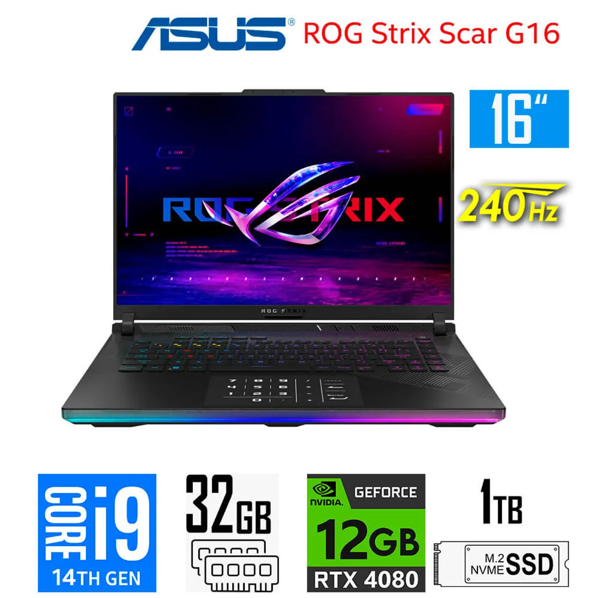 ASUS - Laptop Asus ROG Strix Scar 16 Core i9-14900HX 12GB RTX4080 RAM 32GB SSD 1TB  16″ WQXGA 240Hz