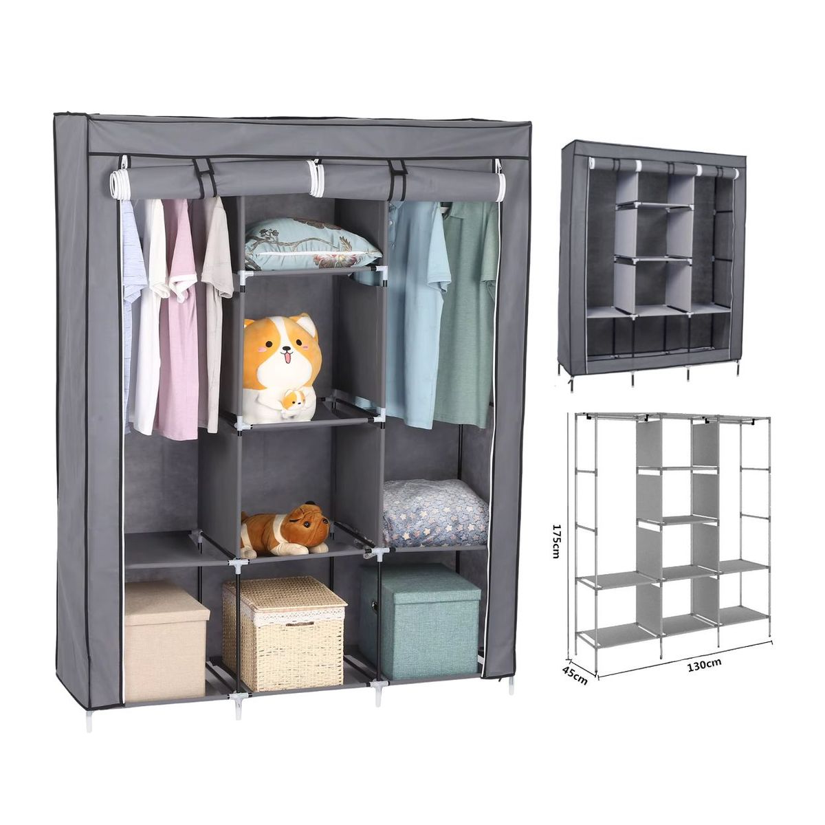 GENERICO - Clóset Ropero Armable Portátil 3 Cuerpos y 8 Divisiones - Color Gris