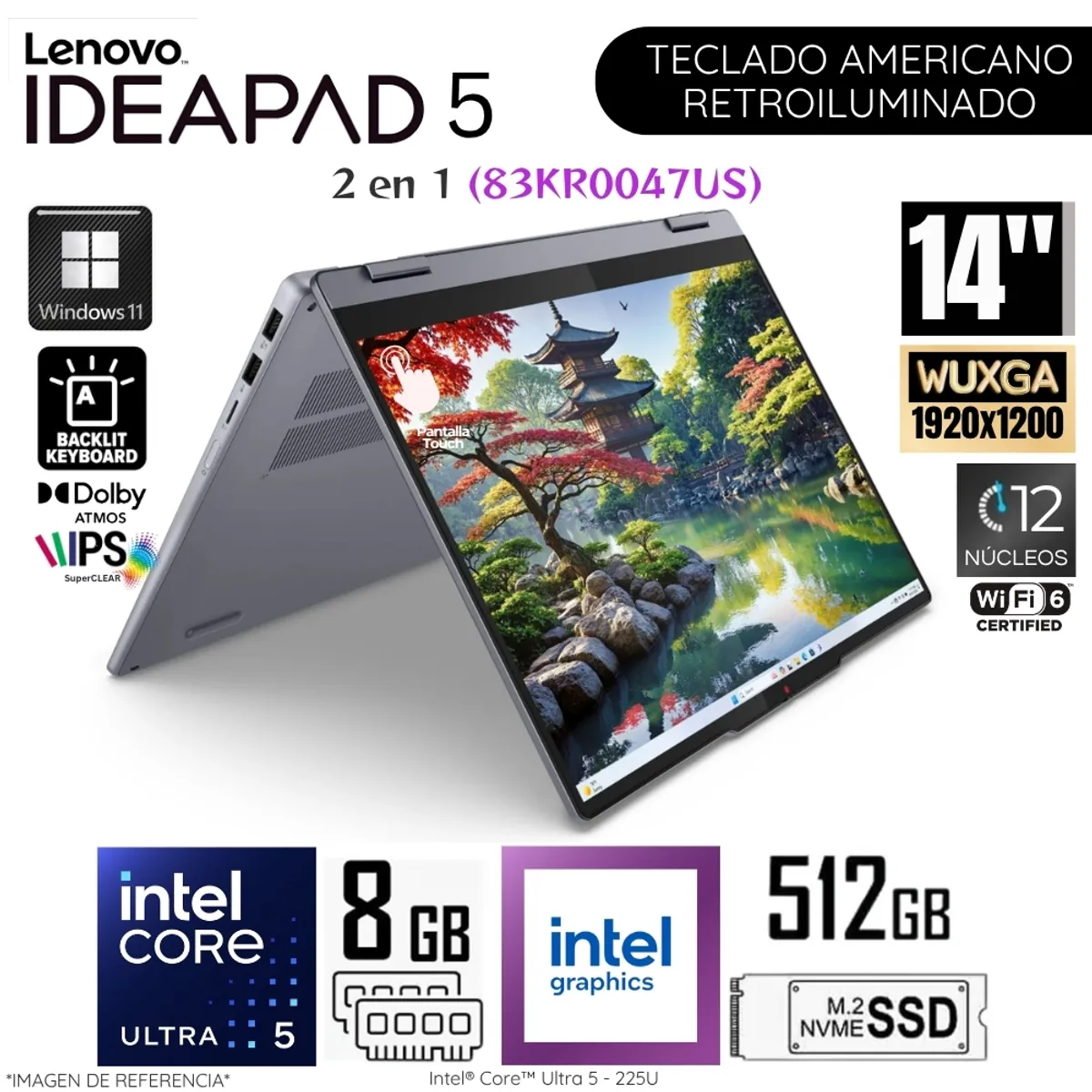 LENOVO - Laptop Lenovo IdeaPad 5 2 en 1 Intel Ultra 5 - 225U 8GB RAM 512GB SSD 14"  WUXGA Touch 83KR0047US