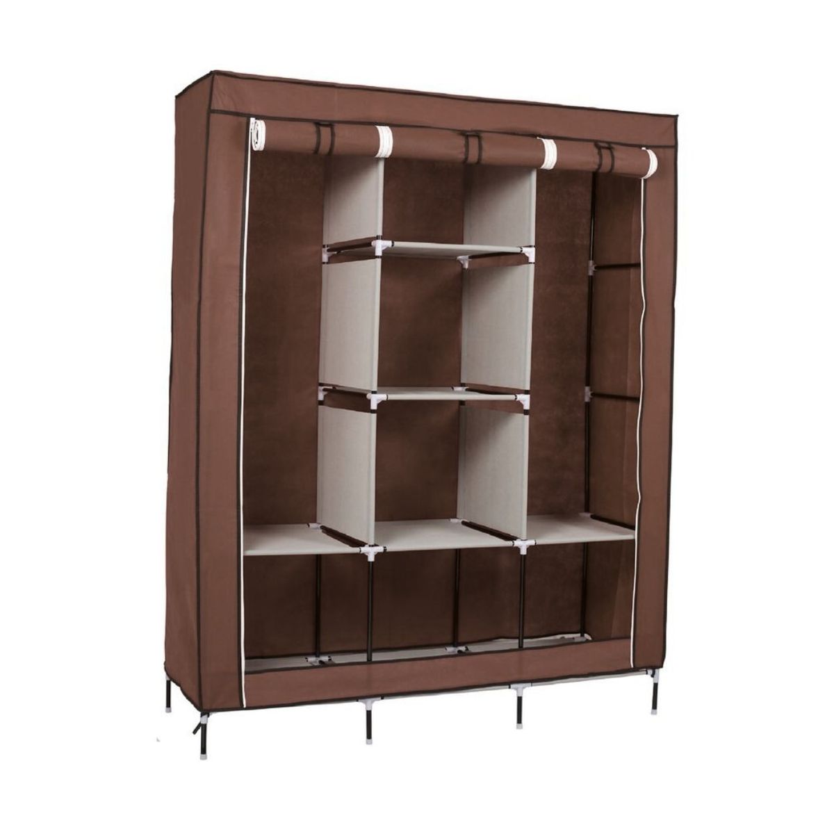 GENERICO - Ropero de Tela Reforzado Armable Portátil 3 Cuerpos y 8 Divisiones - 130x45x175 cm Marrón