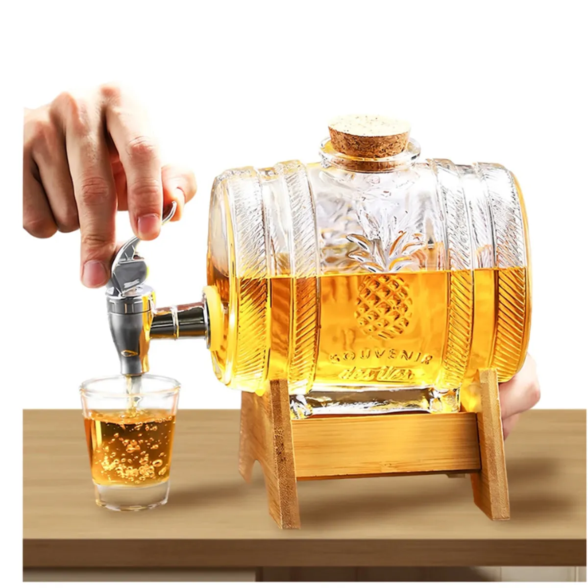 GENERICO - dispensador de barril de vidrio para almacenamiento de bebidas de vino cerveza con soporte de madera