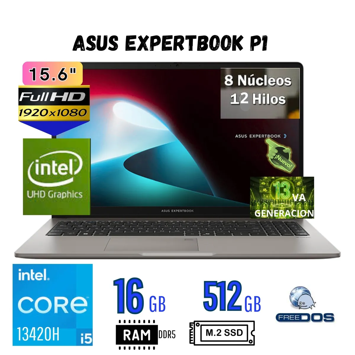 ASUS - Laptop ASUS,EXPERTBOOK P1,Intel Core i5 13va Gen, Ram 16GB, SSD 512 GB, 15.6FHD  (90NX0881-M01UM0)