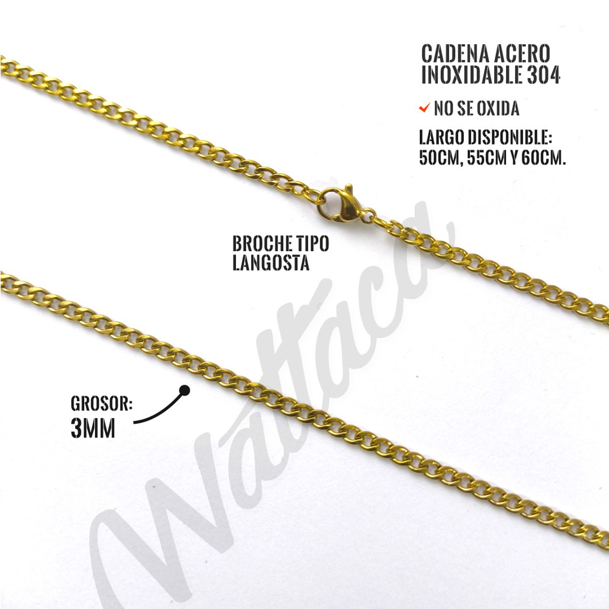 WATTACA - Collar Cubana Acero Inoxidable 3mm - Cadenas para hombres - Wattaca