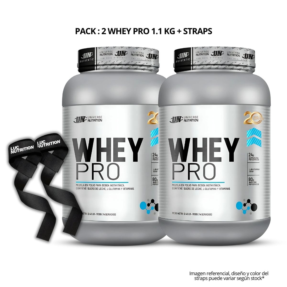 UNIVERSE NUTRITION - PACK X 02 - Whey Pro 1.1 kg Proteina Whey - Cookie and cream + Straps