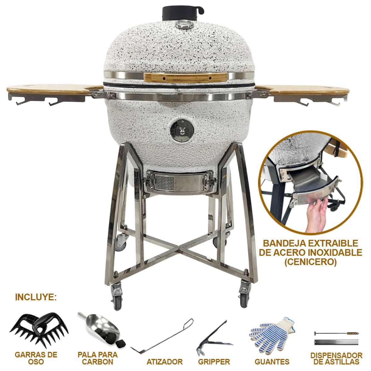 HIGRILL - Kamado 26 Pulgadas Blanco Con Puntos Negros Brillante Premium Con Cenicero Y Herramientas HIGRILL