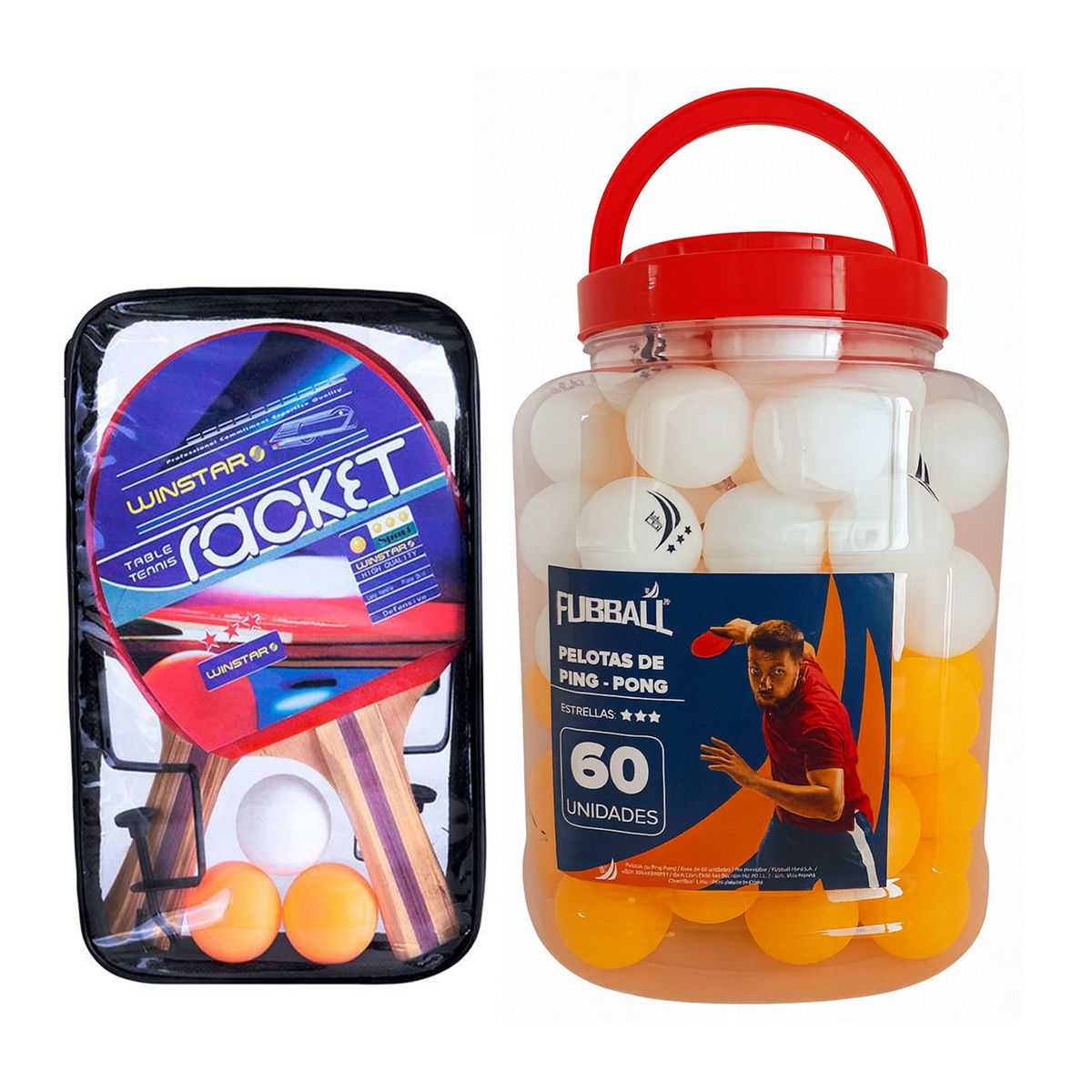 GENERICO - KIT PARA PING PONG PAR DE RAQUETAS WINSTAR MÁS FRASCO DE PELOTAS FUBBALL