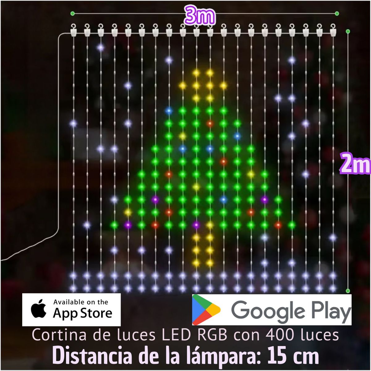 GENERICO - Cortina de Luces RGB 400 LED 3x2m USB Smart con Figuras, Textos y App Bluetooth