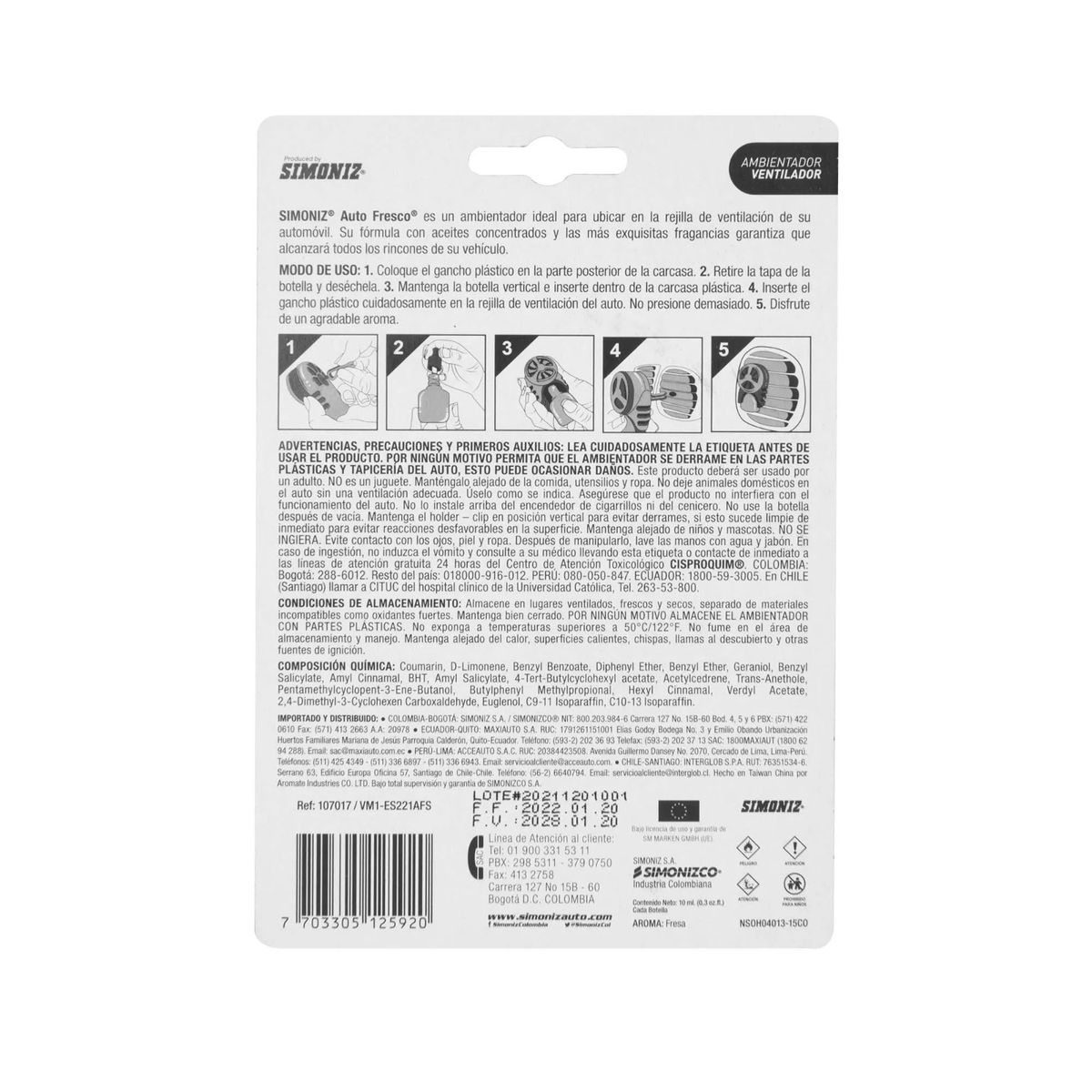 SIMONIZ - Ambientador Auto Fresco 10ml Aroma Colonia Fresca Con Repuesto