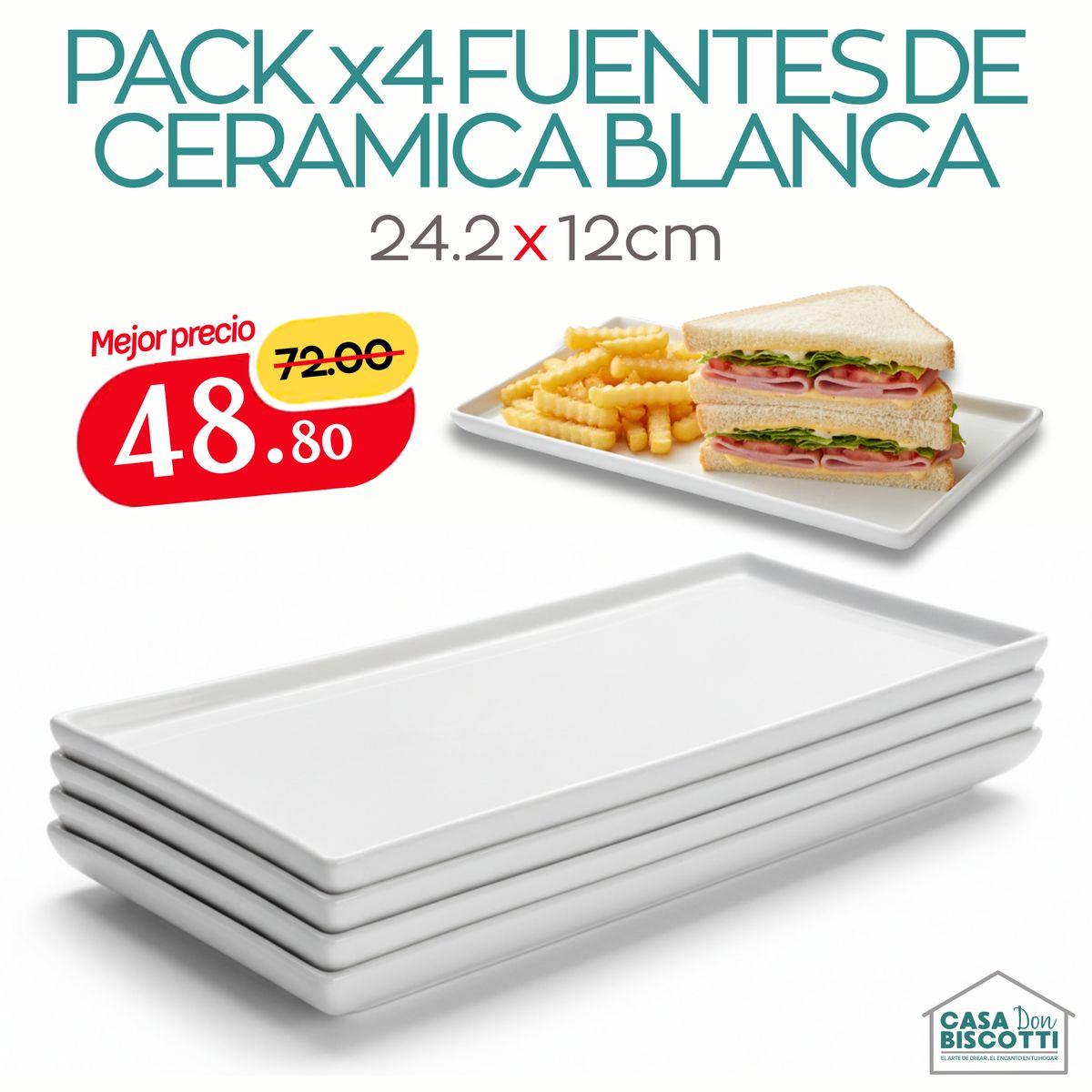 GENERICO - Fuente Rectangular de Cerámica Blanca 24 x 12cm PACK x4 - Platos Azafate Bandeja de Cerámica Blanco