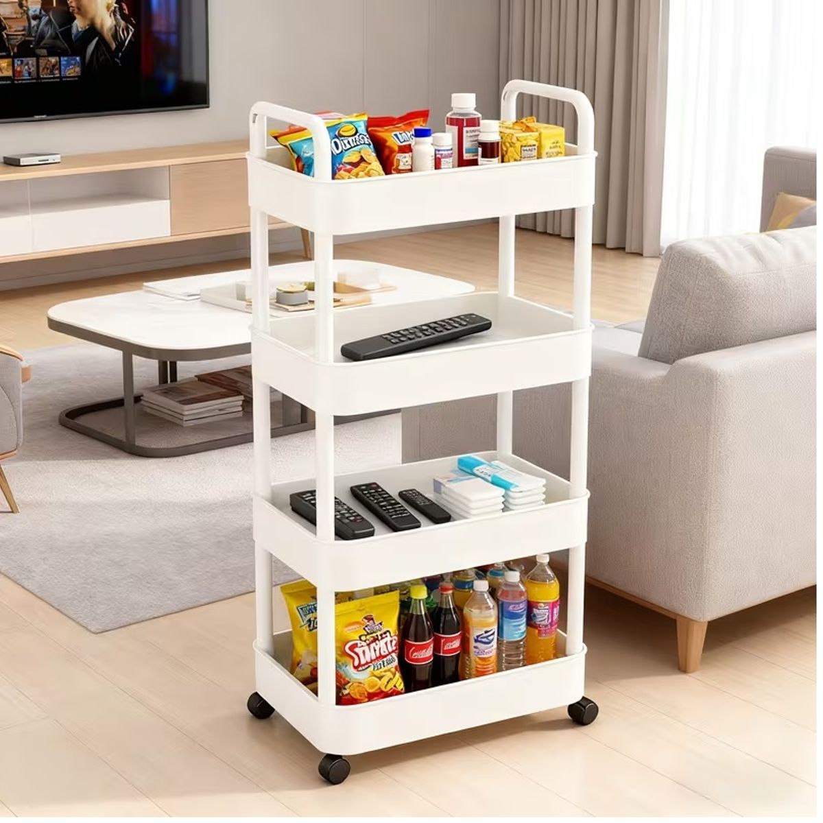GENERICO - Estante Organizador Multiuso 98 x 35 cm de 4 Niveles Con Asas y Ruedas Blanco