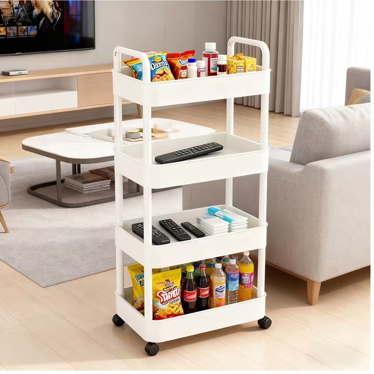 GENERICO - Estante Organizador Multiuso 98 x 35 cm de 4 Niveles Con Asas y Ruedas Blanco