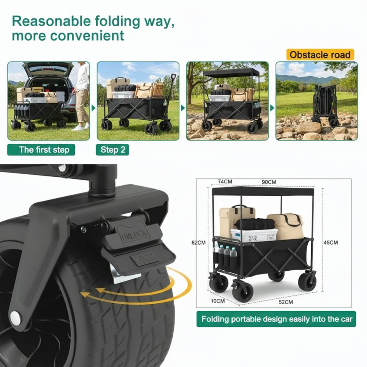 GENERICO - Carrito de Transporte Plegable con Sombrilla Negro