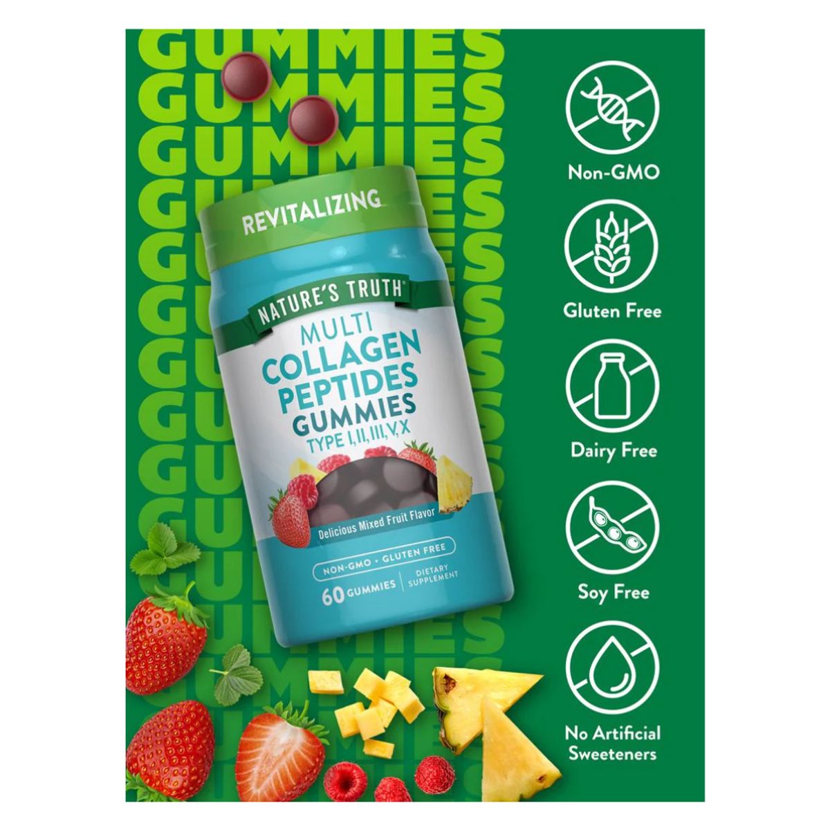 NATURE'S TRUTH - Gomitas Péptidos de colágeno múltiples Tipo 1, 2, 3, 5 y 10 - Multi Collagen Peptides 60 gomitas