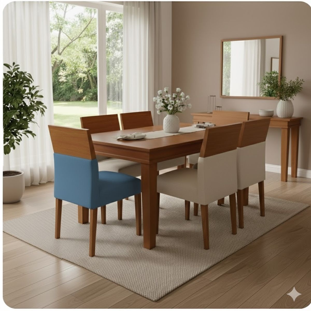 GENERICO - Juego de Comedor Elyen 6 Sillas color Ivory Azul de Ambienta Home