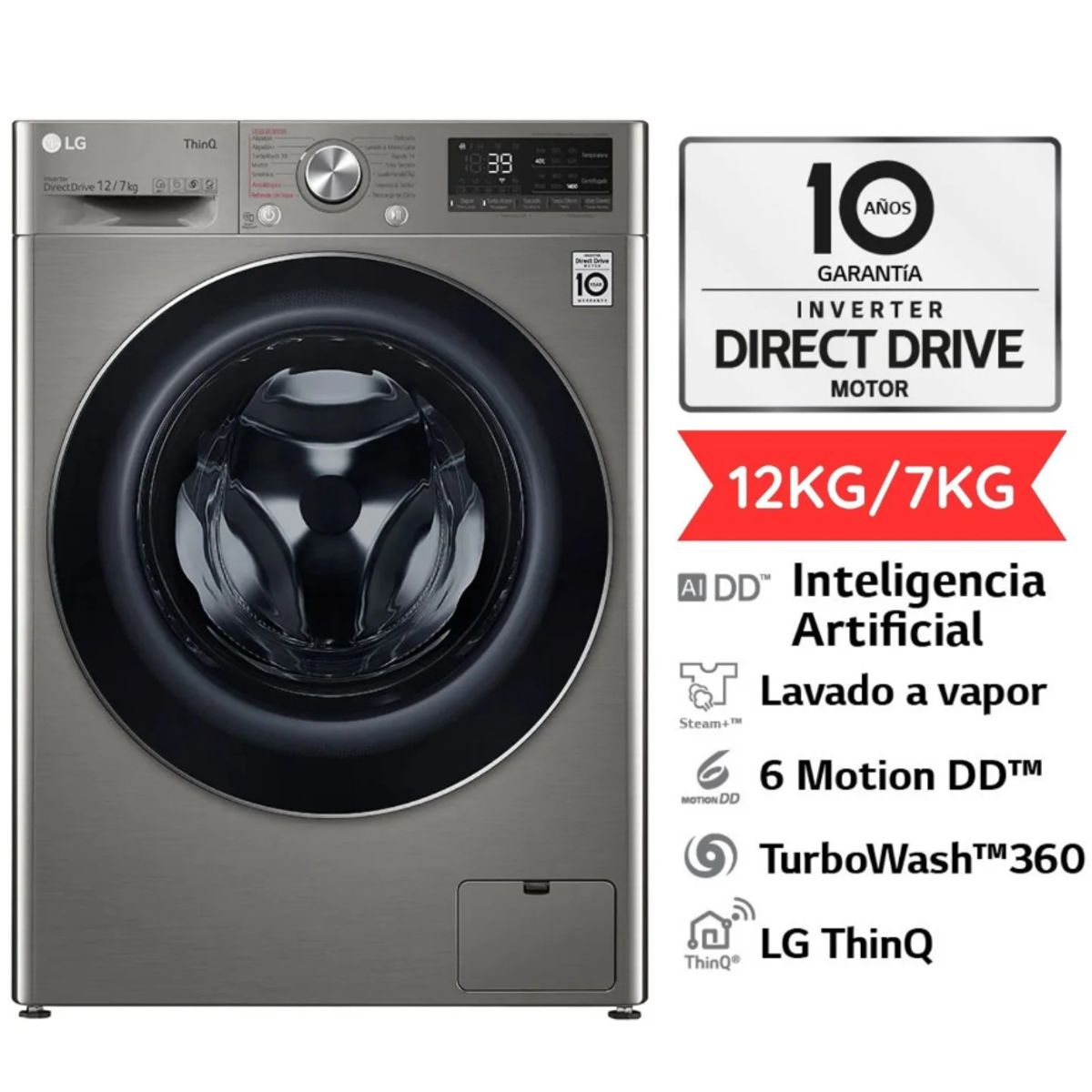 LG - Lavaseca LG 12 Kg7 Kg Carga Frontal Wd12pvc3s6c Platino
