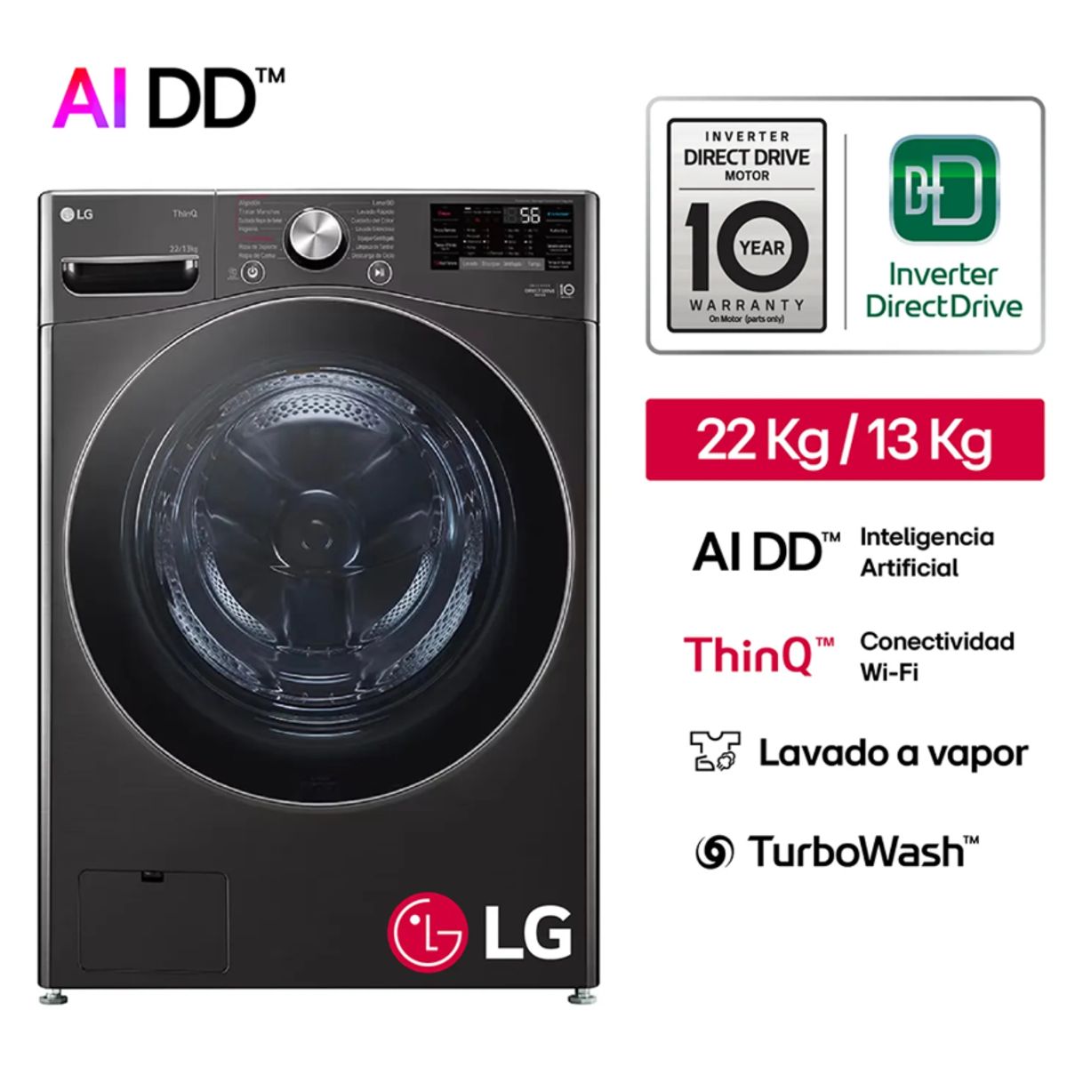 LG - Lavaseca 22kg Lavado Y 13kg Secado Ai Dd  Thinq Wd22bv2s6r
