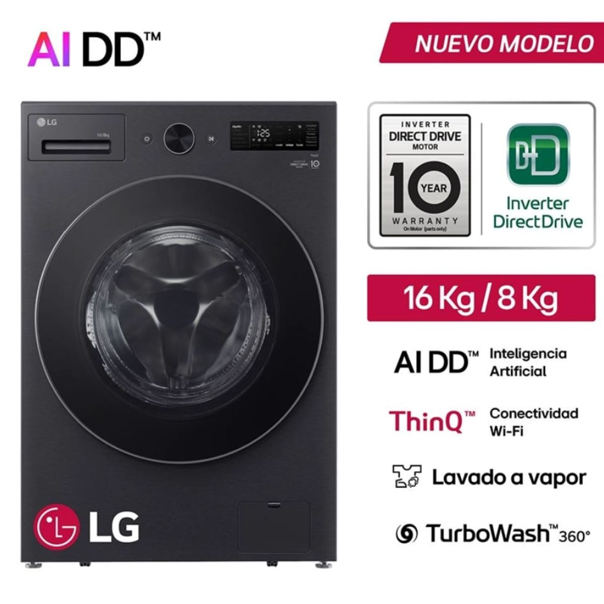 LG - Lavaseca De 16kg Lavado 8kg Secado Ai Dd  Thinq Negro Mate