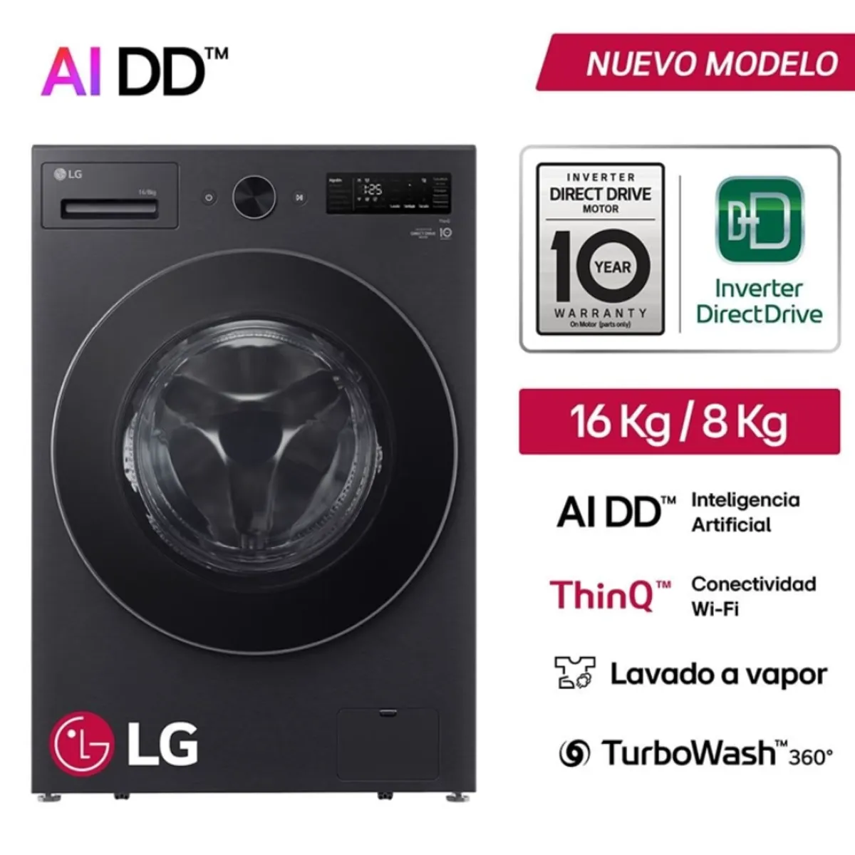 LG - Lavaseca De 16kg Lavado 8kg Secado Ai Dd  Thinq Negro Mate