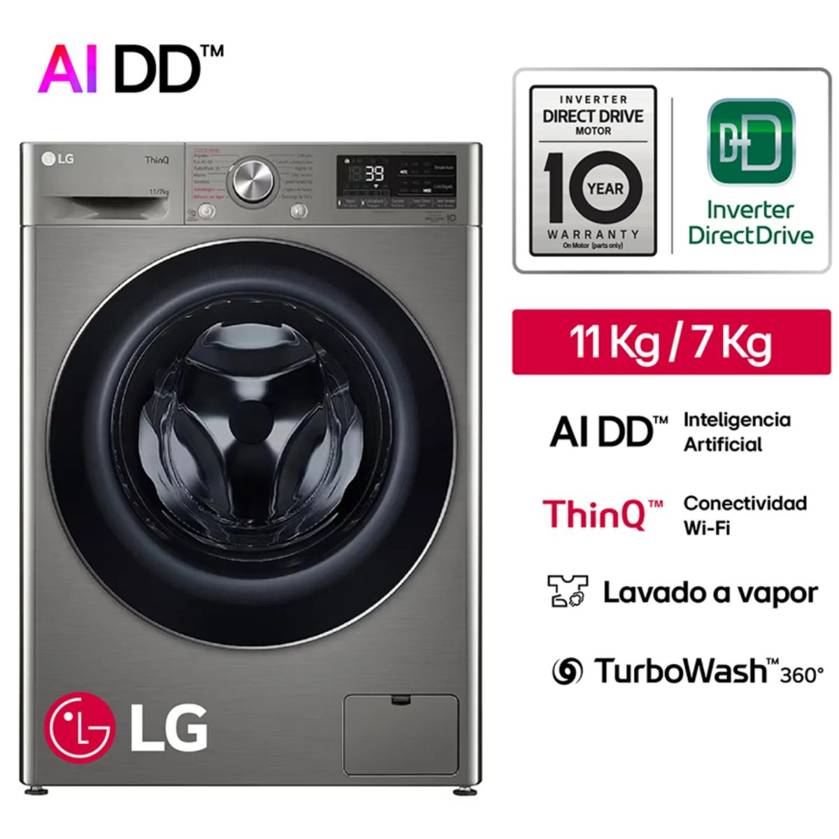 LG - Lavaseca 11kg Lavado Y 7kg Secado Ai Dd Thinq Wd11pvc3s6 Color Plateado